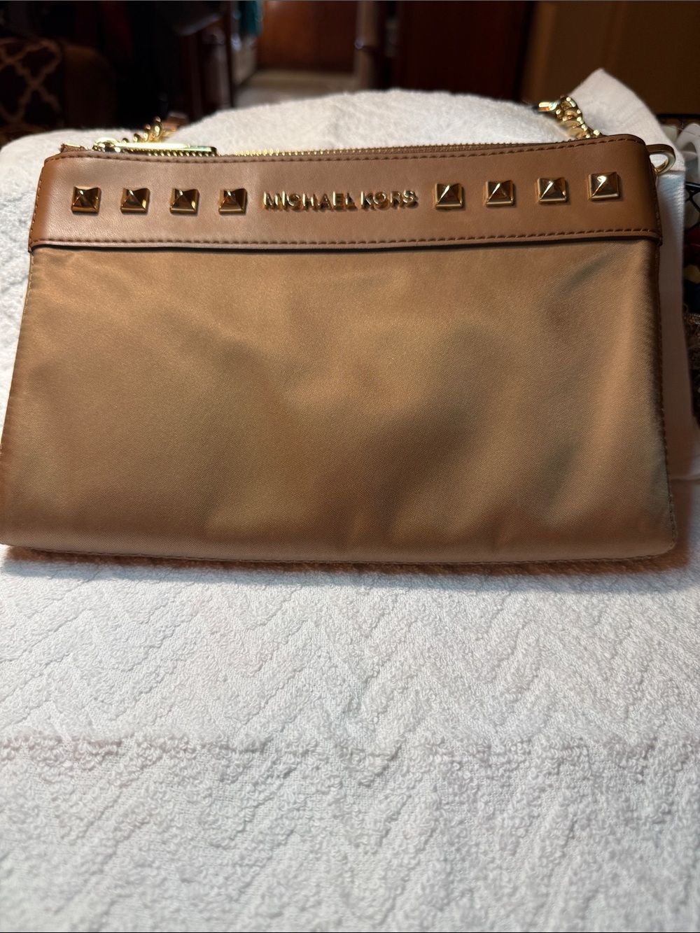 Michael Kors Tan Studded Nylon Crossbody with Gold Studs